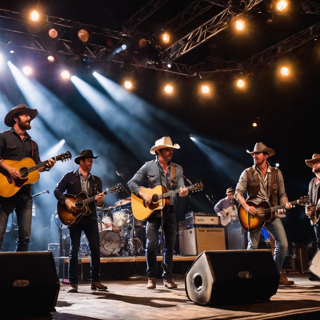 Members of the Turnpike Troubadours performing on an outdoor stage with a lively crowd.