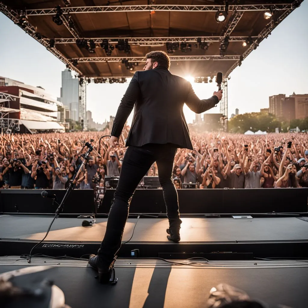 Chris Young performs on a grand outdoor stage to a lively city concert crowd.