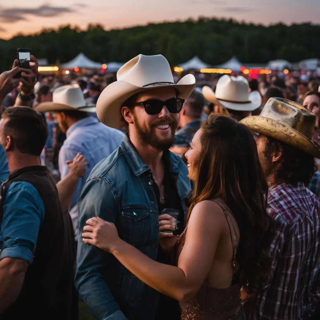 Fans in cowboy hats dancing at a Turnpike Troubadours concert under the stars.