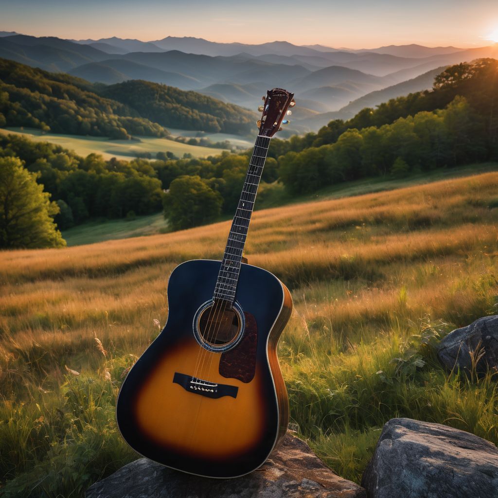 A vintage acoustic guitar against a backdrop of Appalachian hills.