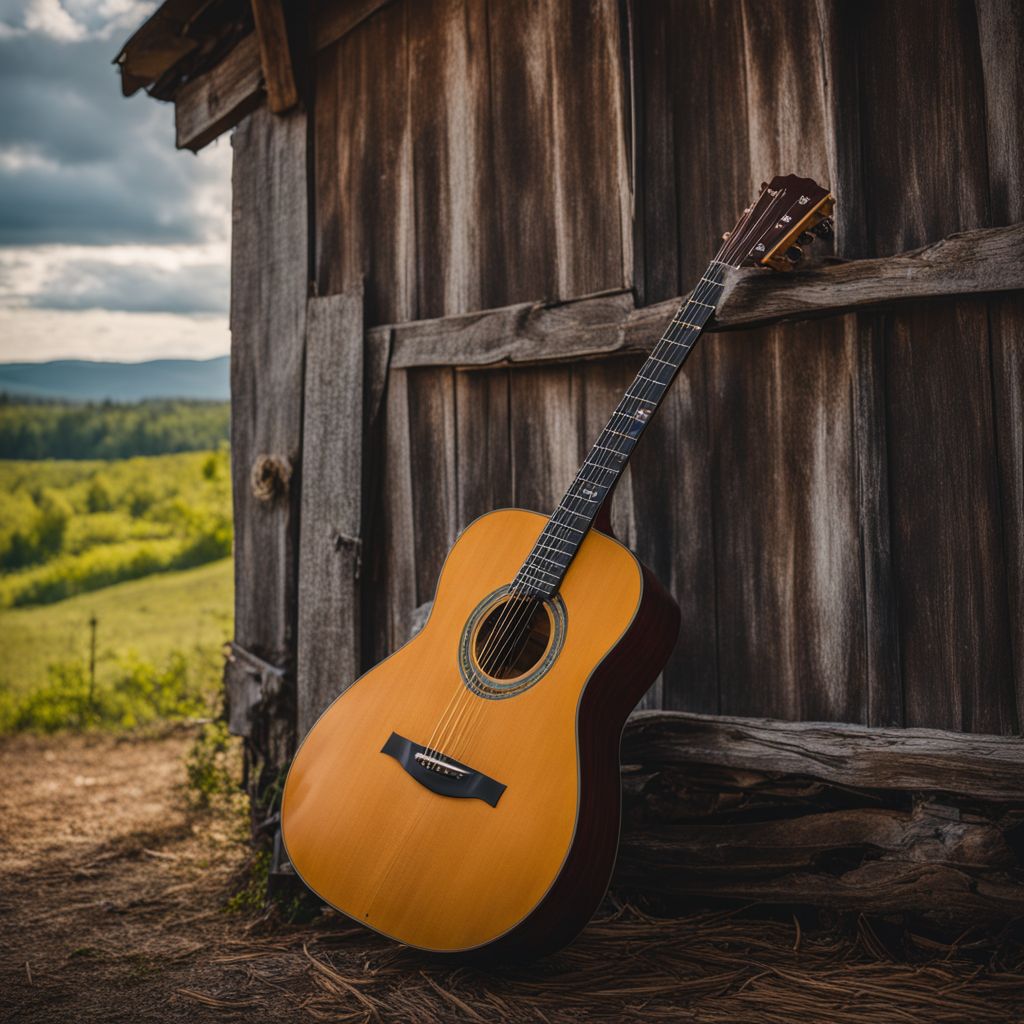 A photo of Tyler Childers' acoustic guitar against a weathered barn in the Appalachian countryside.