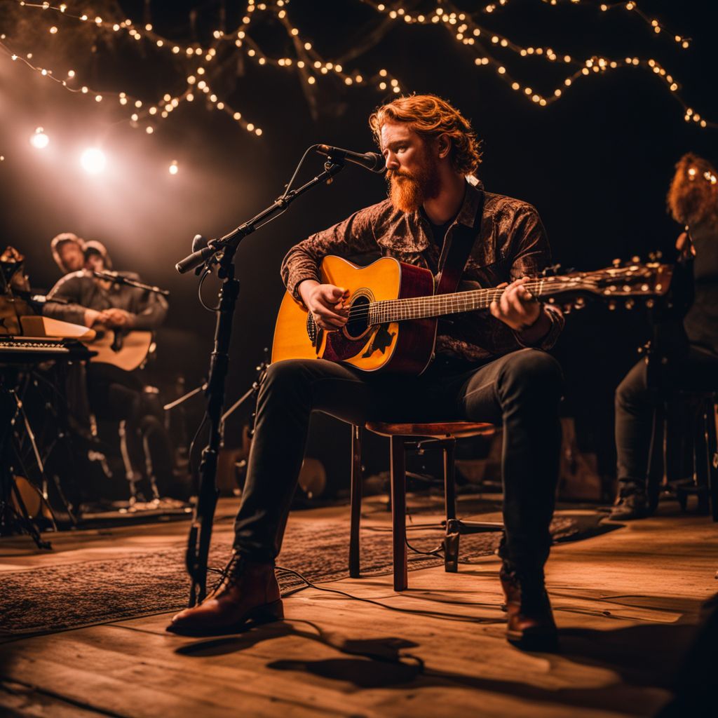 A photo of Tyler Childers' acoustic guitar on a rustic stage.