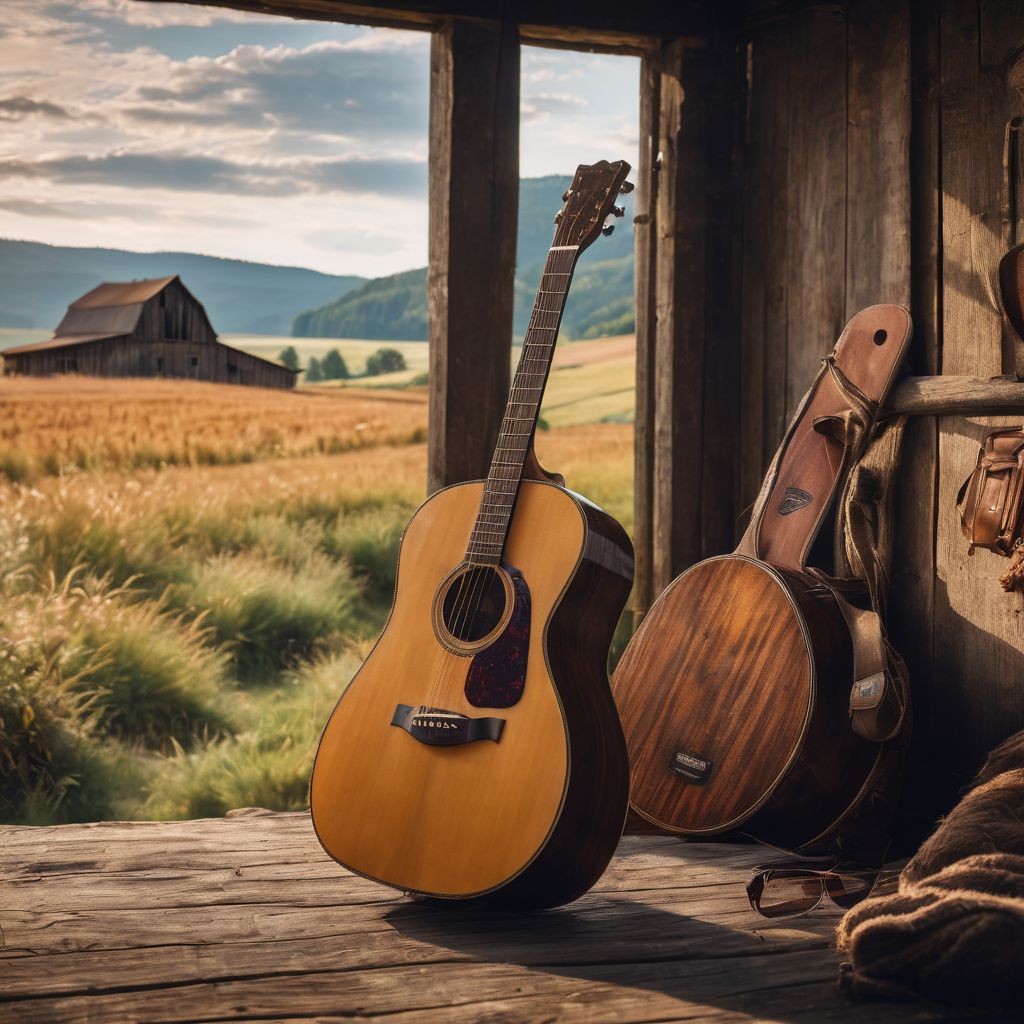 An acoustic guitar leaning against a weathered barn backdrop.