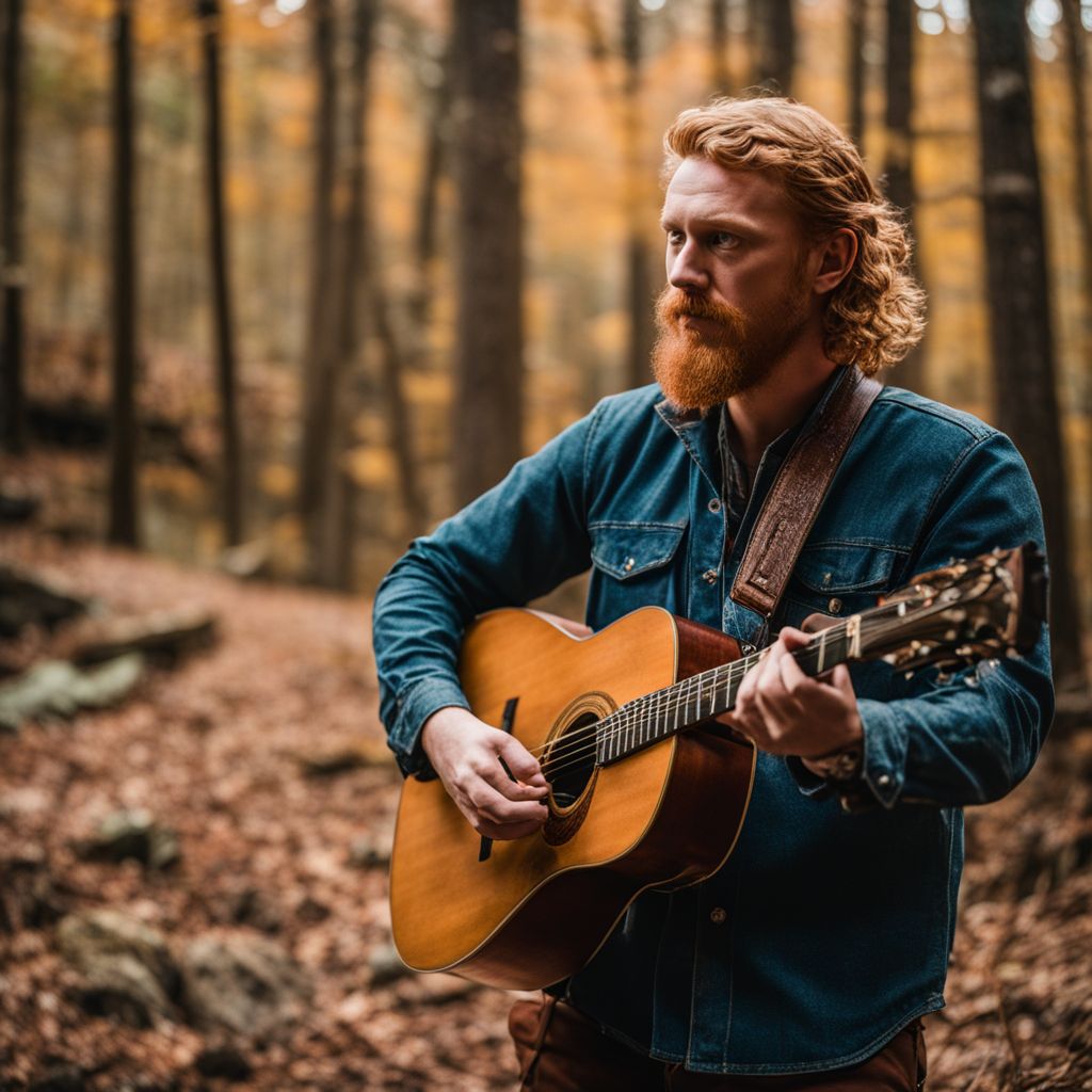 Tyler Childers playing guitar in rustic Appalachian setting with bustling atmosphere.