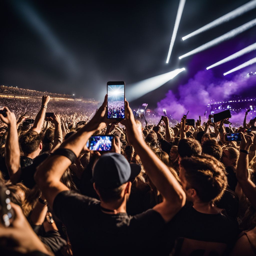 Fans cheering at a U2 concert, holding up smartphones with lights.