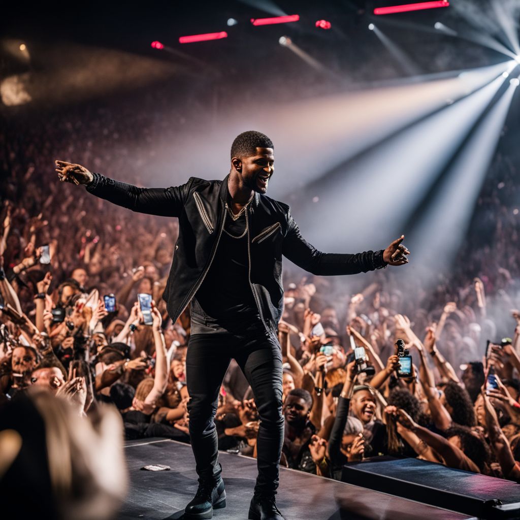 Usher performing on stage with enthusiastic crowd.