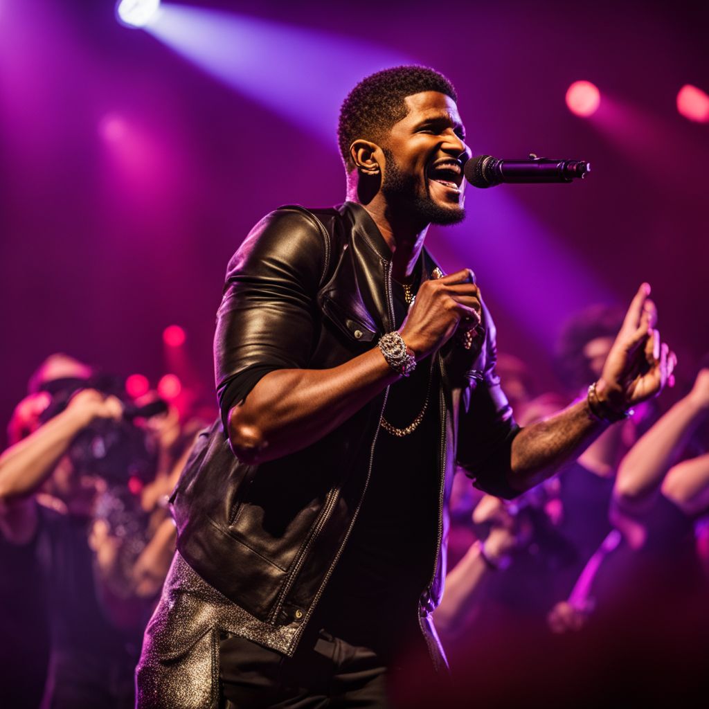 Usher performing on stage at a lively concert in front of a diverse crowd.