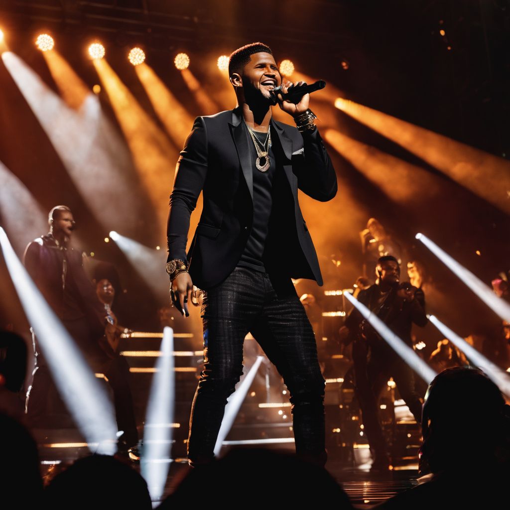 Usher performing on a grand stage with a lively audience in concert.