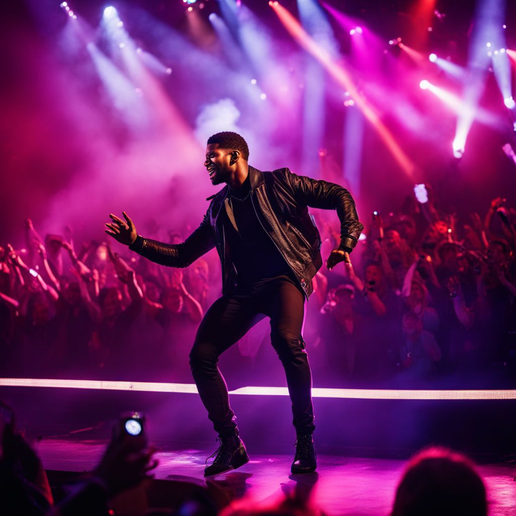 Usher performing on stage in front of a lively crowd.
