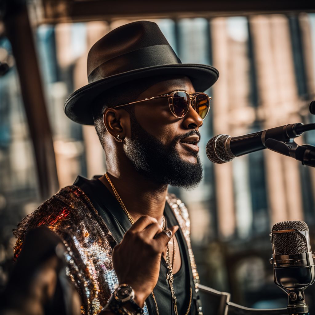 Usher's iconic hat and sunglasses on a vintage microphone stand in a bustling cityscape photography.