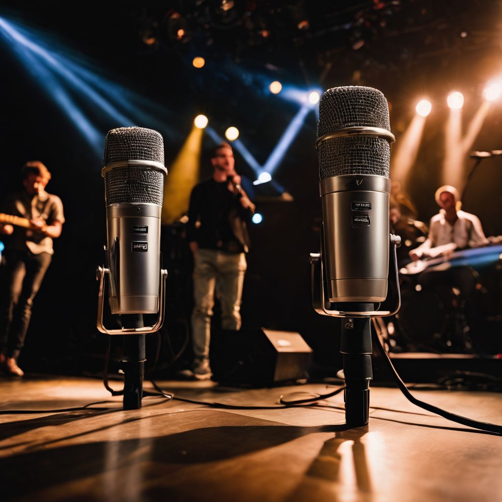 Five microphones on a stage at a live music venue.