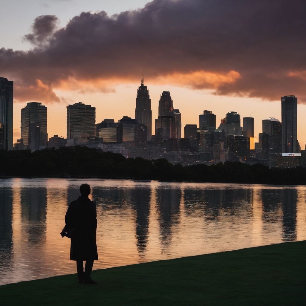 A lone figure silhouetted against the evening sky at an outdoor music venue.