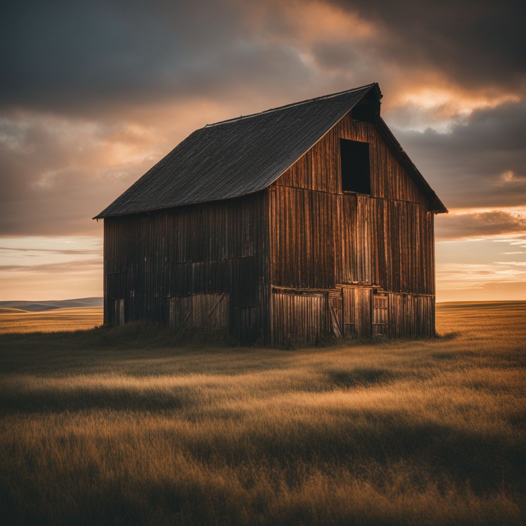 An old barn stands alone in the middle of a vast prairie.