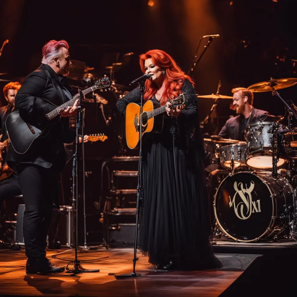 Wynonna Judd performing on a cozy theatre stage surrounded by her iconic musical instruments.