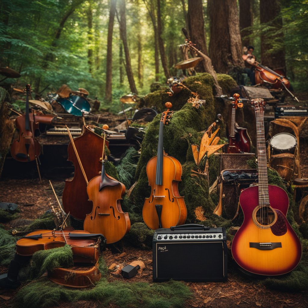 A psychedelic collage of musical instruments in a whimsical forest setting.