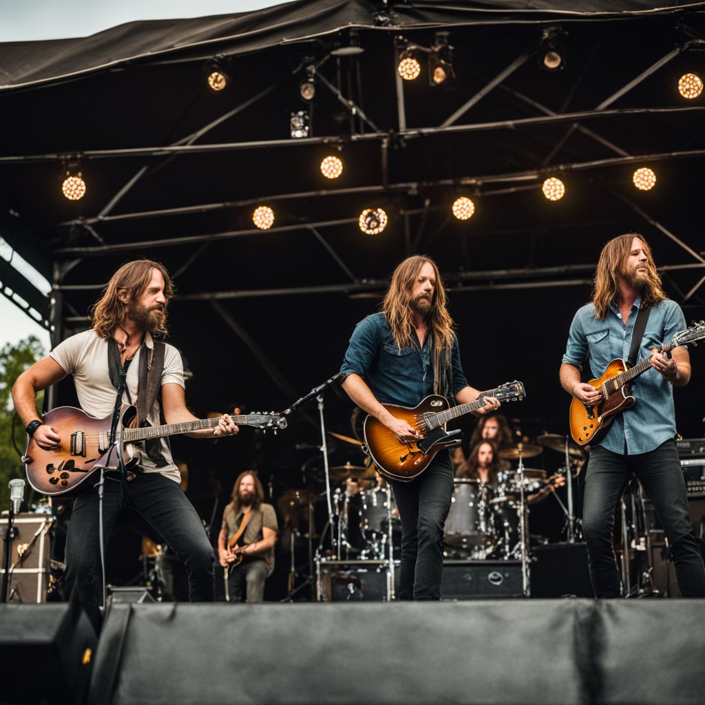 Whiskey Myers band members performing on rustic outdoor stage.