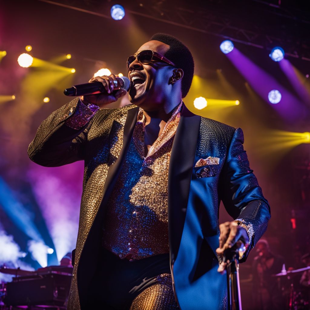 Charlie Wilson performing on stage to a captivated crowd.