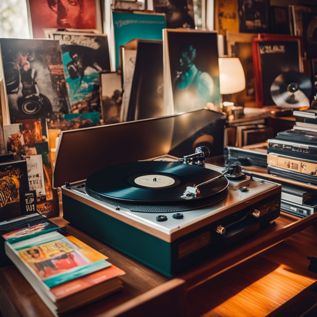 A vintage record player surrounded by Charlie Wilson's albums and retro music posters.