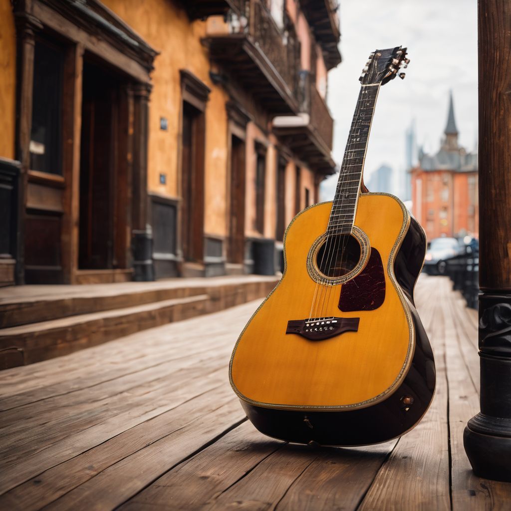 An old guitar sits on a wooden stage in a busy city.