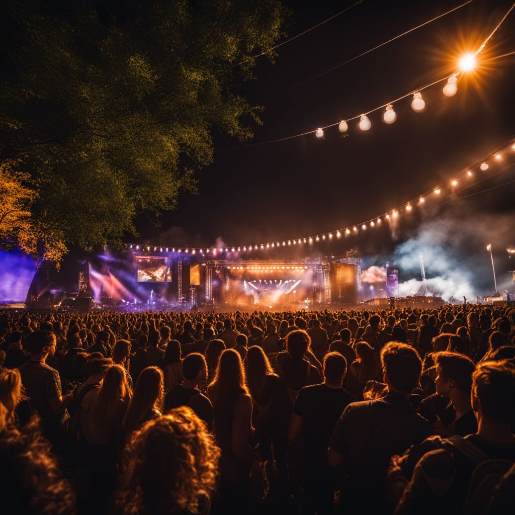 A diverse crowd enjoying an outdoor music festival at night.