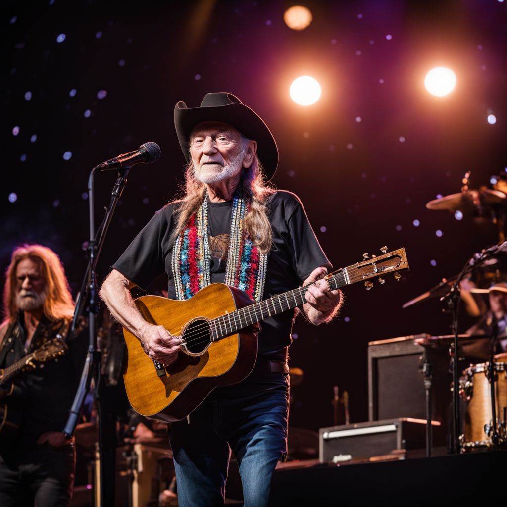 Willie Nelson performing under a starry night in a bustling amphitheater.