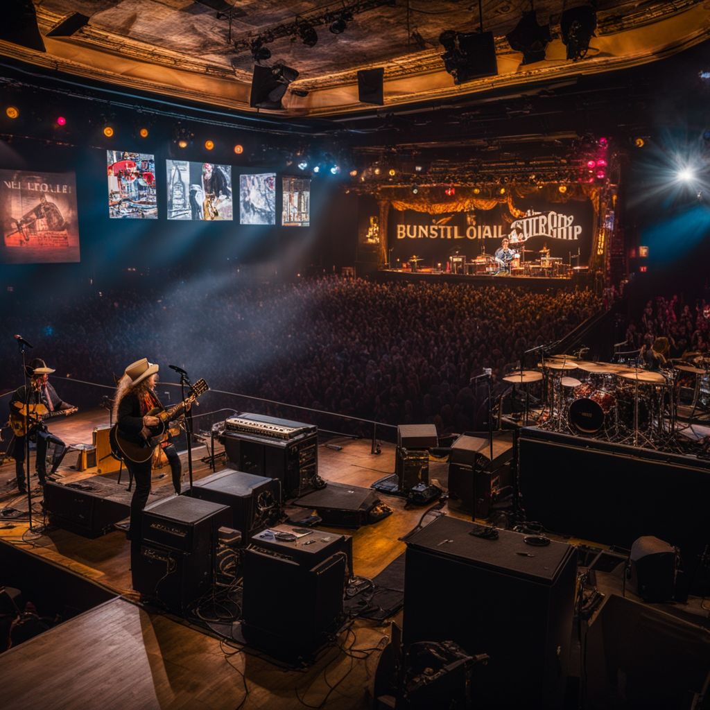 The photo shows Willie Nelson’s concert venue with vintage guitars and memorabilia.