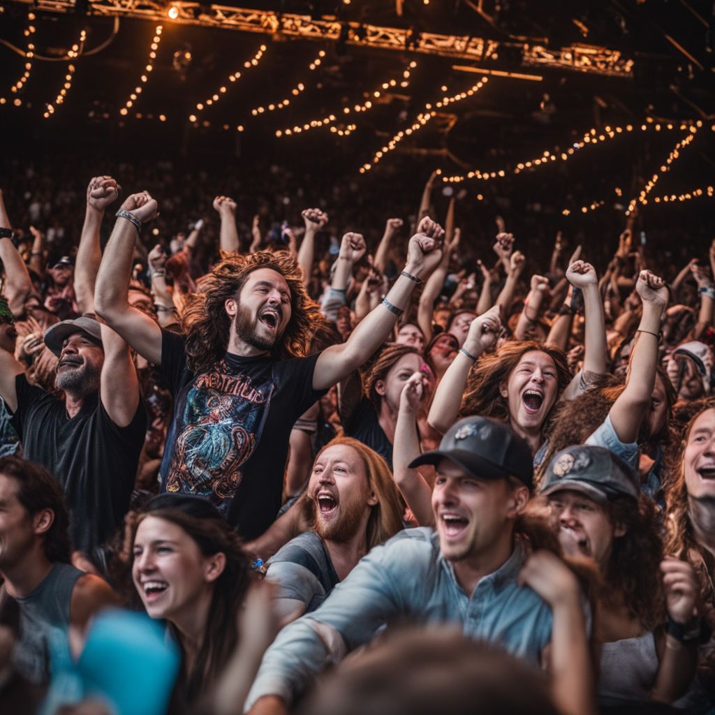 A crowd of fans cheering at a Widespread Panic concert.
