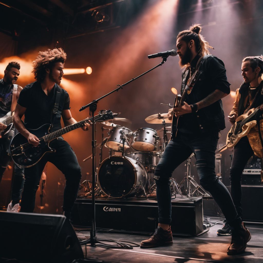 Passionate metalcore musicians performing on stage in a bustling atmosphere.