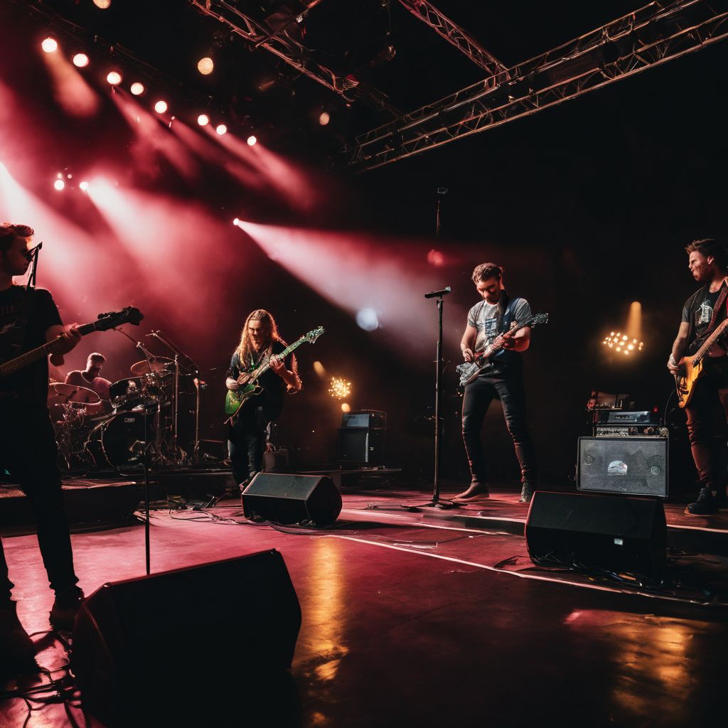 A stage set for Wage War's concert with diverse crowd and cityscape background.