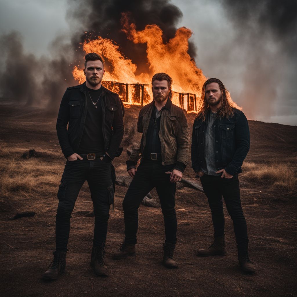 The members of Wage War stand strong in front of a fiery backdrop.