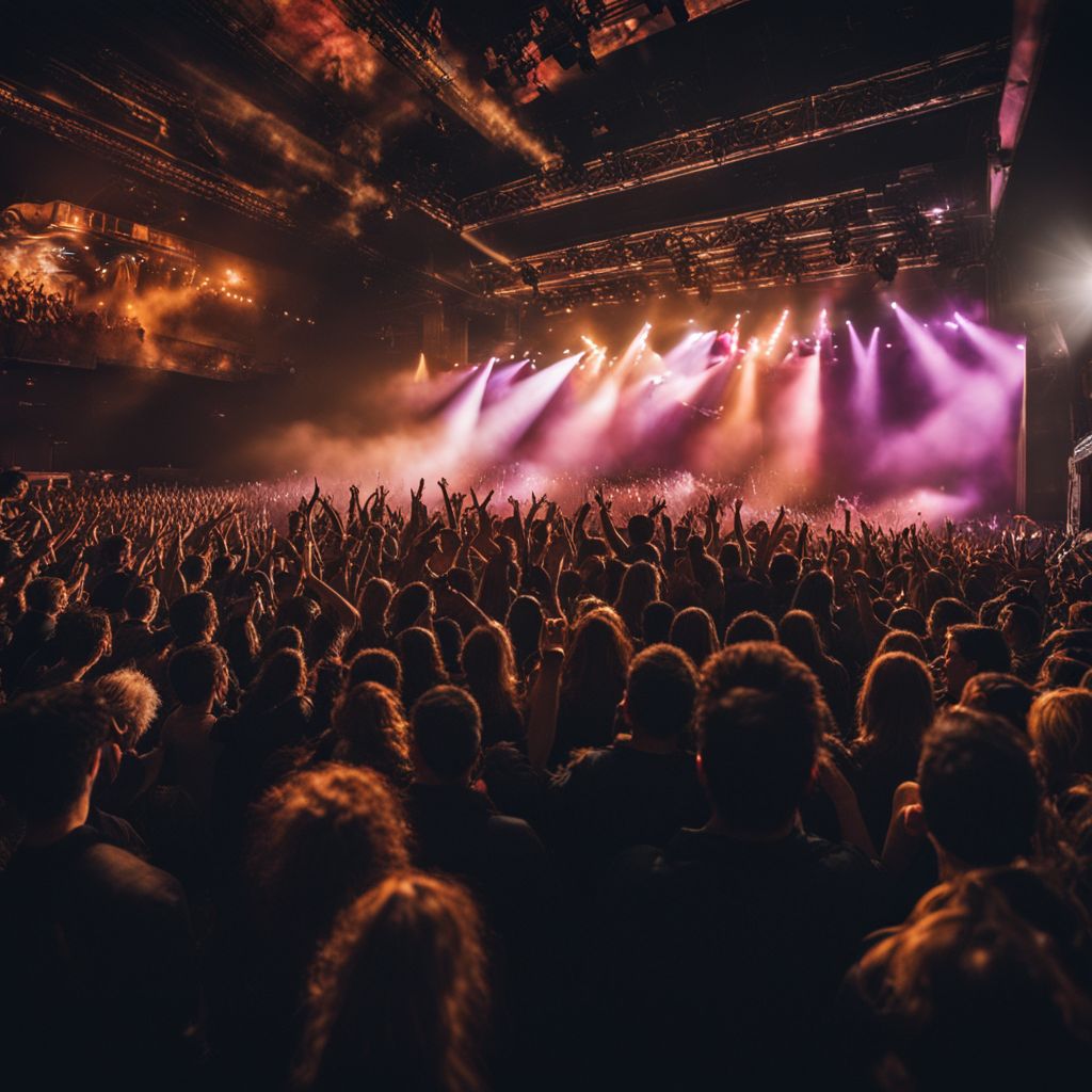A diverse crowd of fans cheering at a lively concert venue.