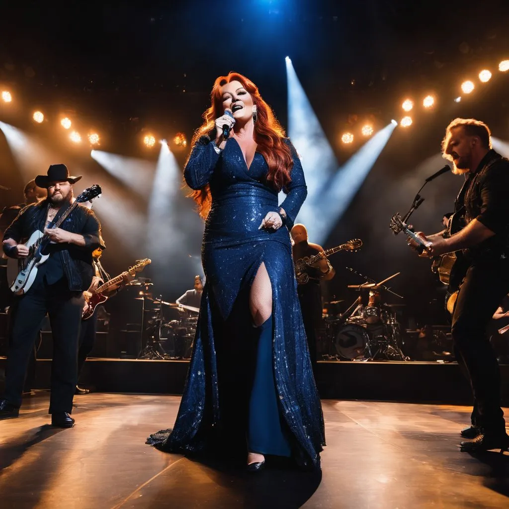 Wynonna Judd performs on stage to a lively, diverse crowd.