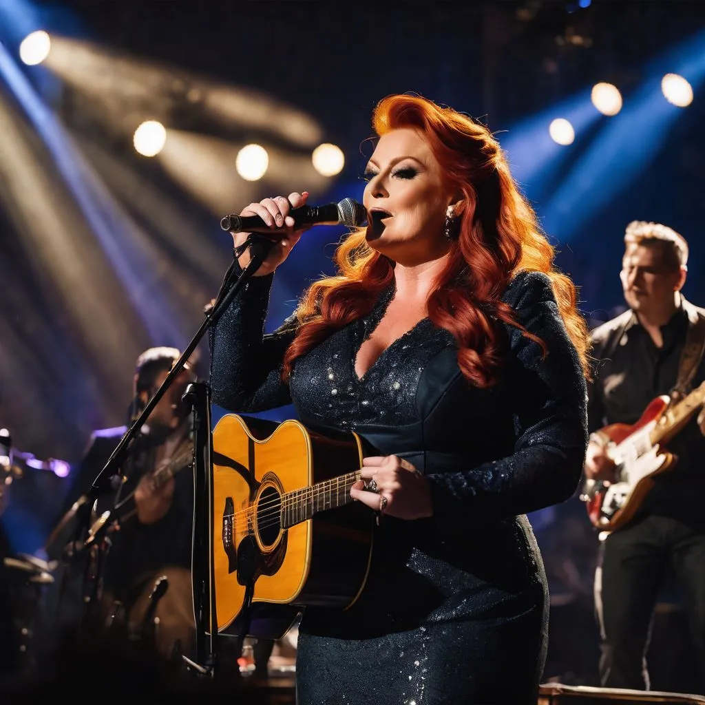 Wynonna Judd performing live on a rustic stage, surrounded by adoring fans.