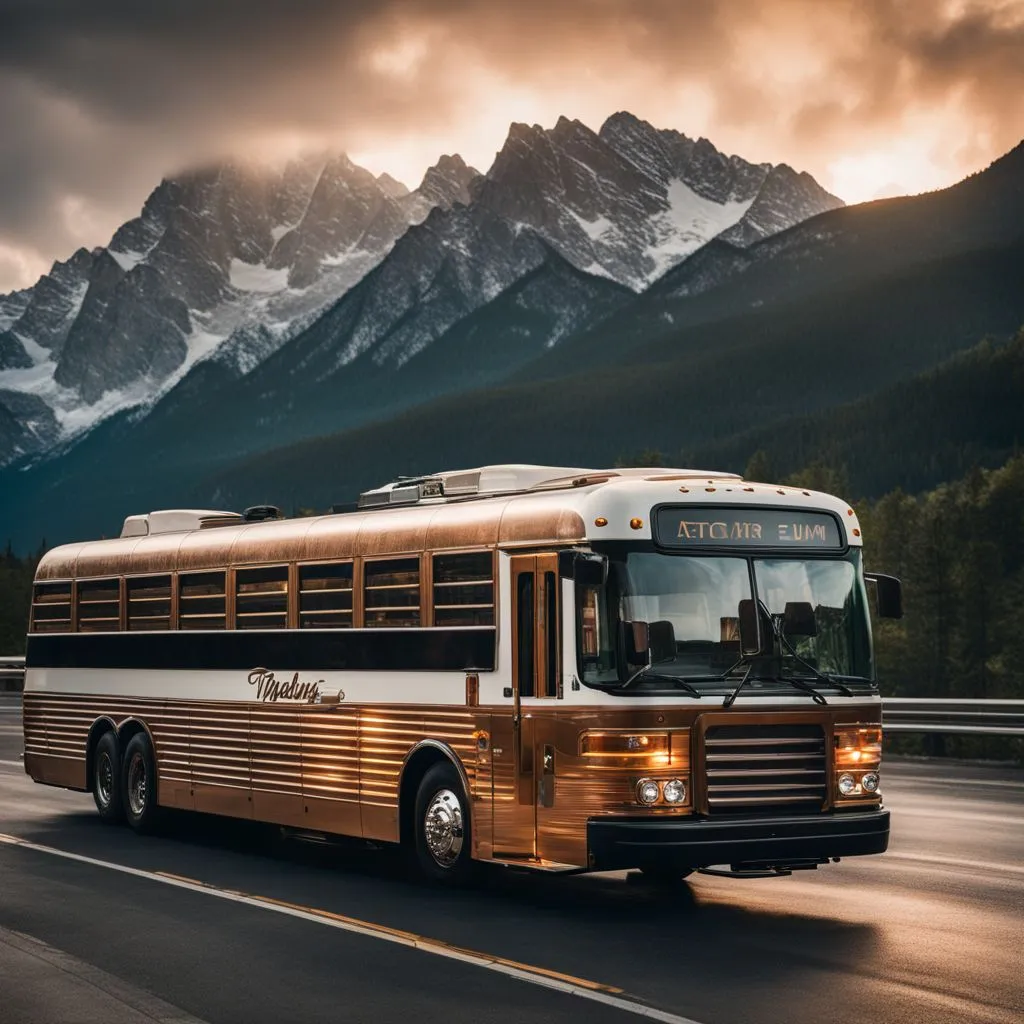 A vintage tour bus parked with scenic mountain backdrop.