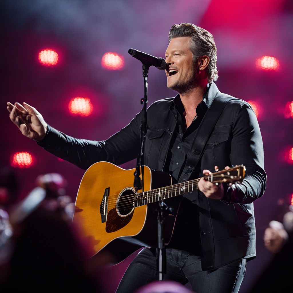 Blake Shelton performs on grand stage with adoring fans.