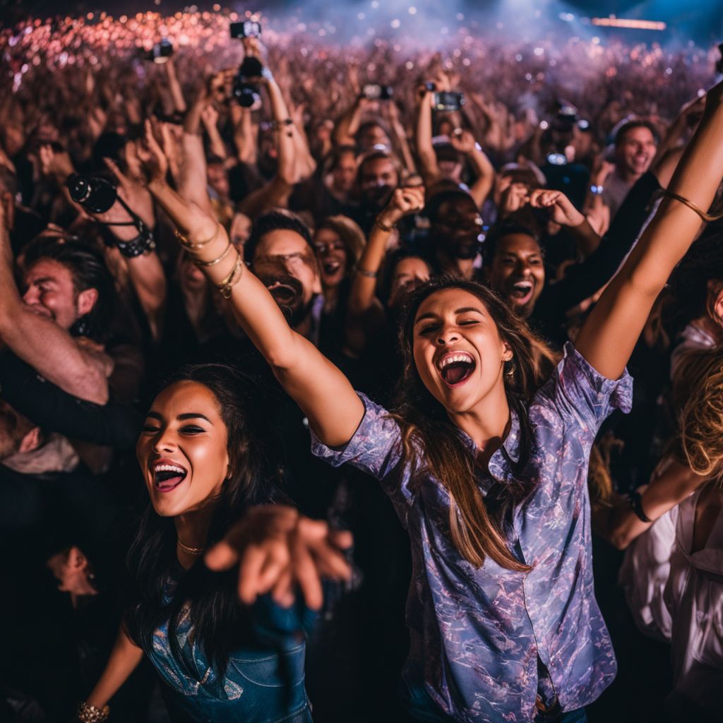 Excited concertgoers cheering in a crowded arena for a performance.