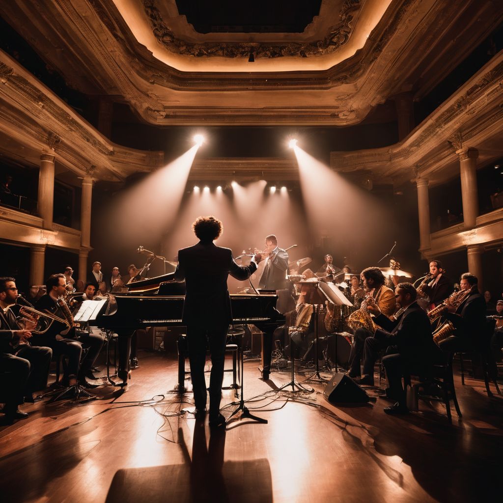 Yussef Dayes performing on stage with a jazz band in a concert hall.