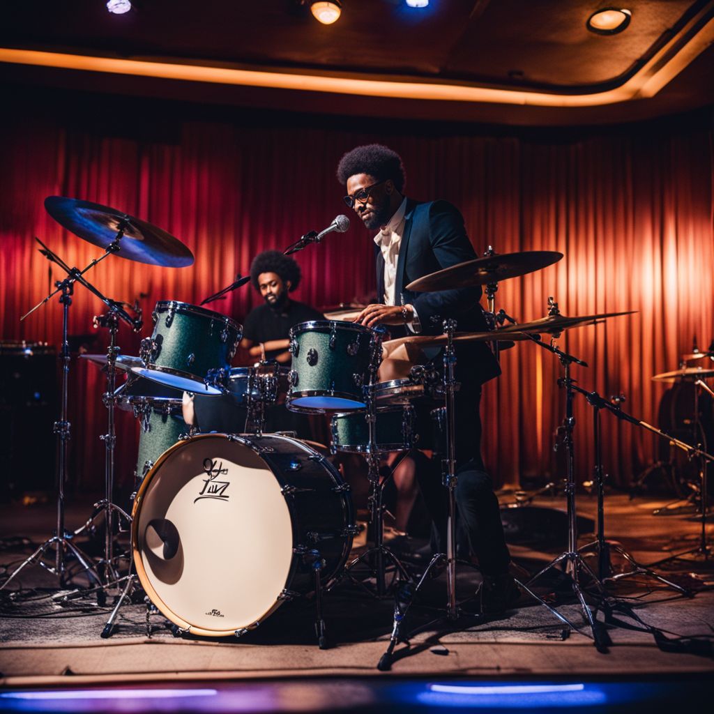 Yussef Dayes playing the drums in a vibrant jazz club.