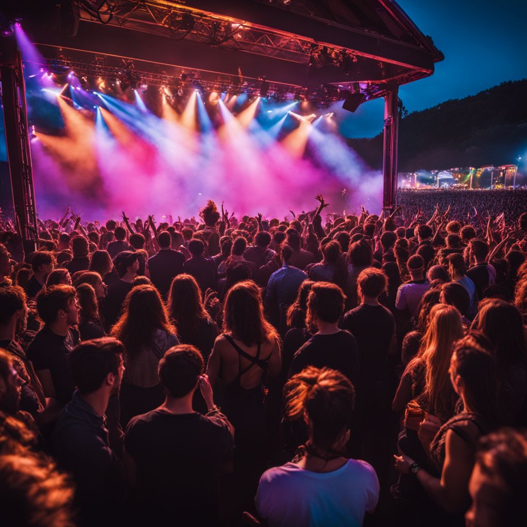 A diverse crowd of music fans enjoying a live outdoor concert.