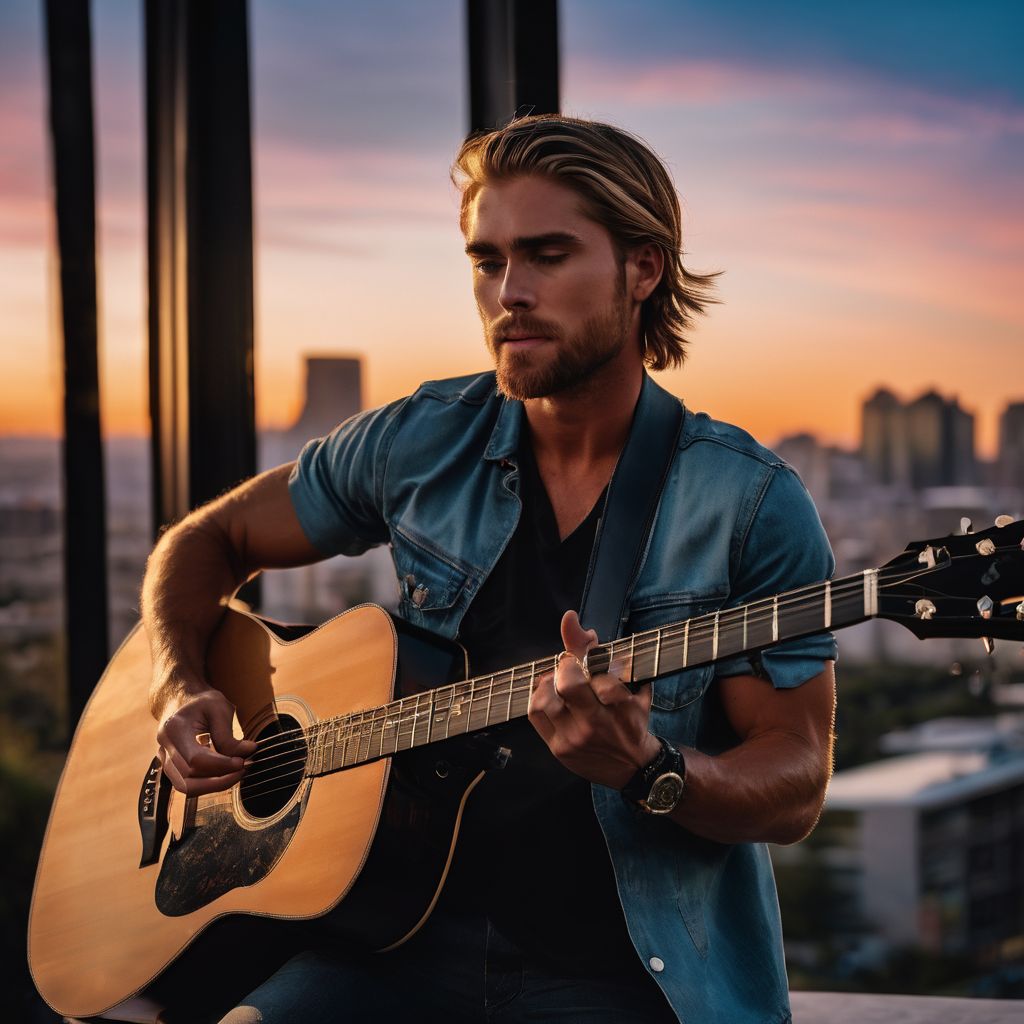 A vibrant sunset performance stage with Brett Young's guitar under a spotlight.