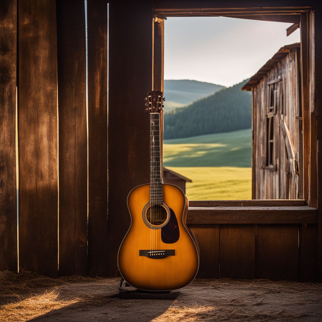 A rustic guitar against a weathered barn in a natural setting.