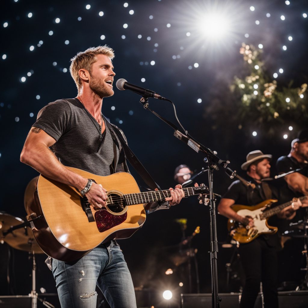 Brett Young performing at outdoor amphitheater under the starry night.