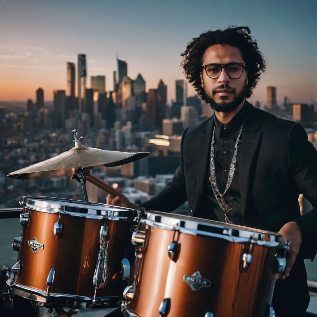 Yussef Dayes plays the drums with a city skyline backdrop.