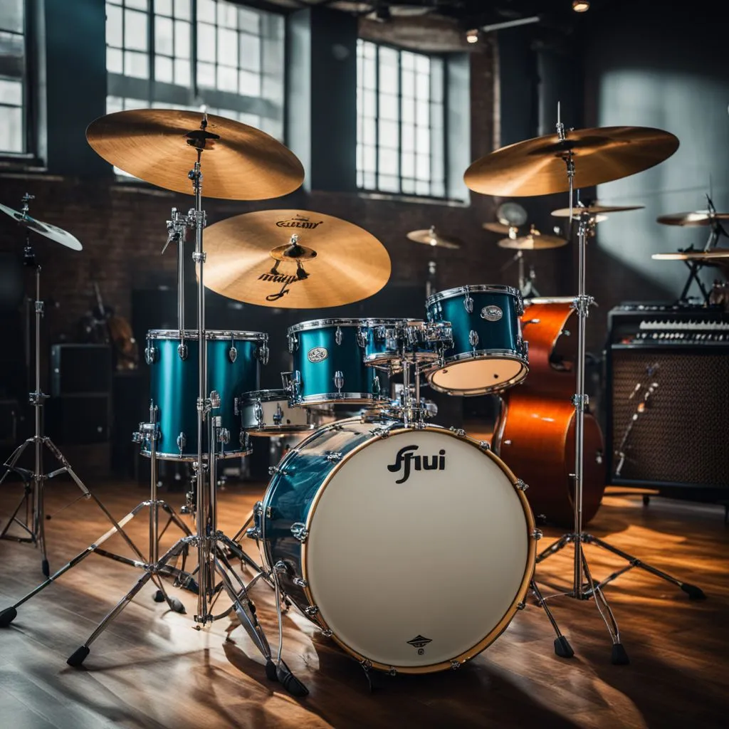 A modern studio with a vibrant drum set and diverse musicians.