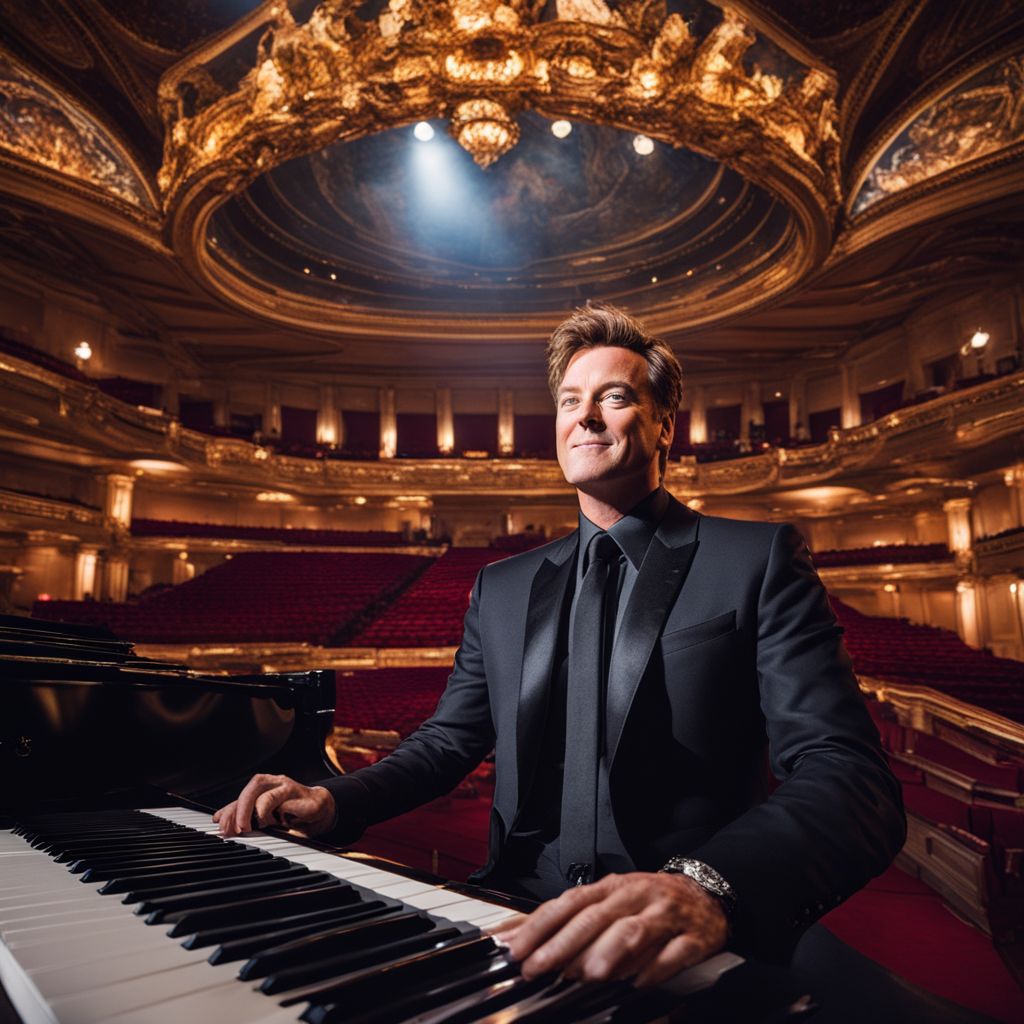 Michael W. Smith performing on piano in grand concert hall.