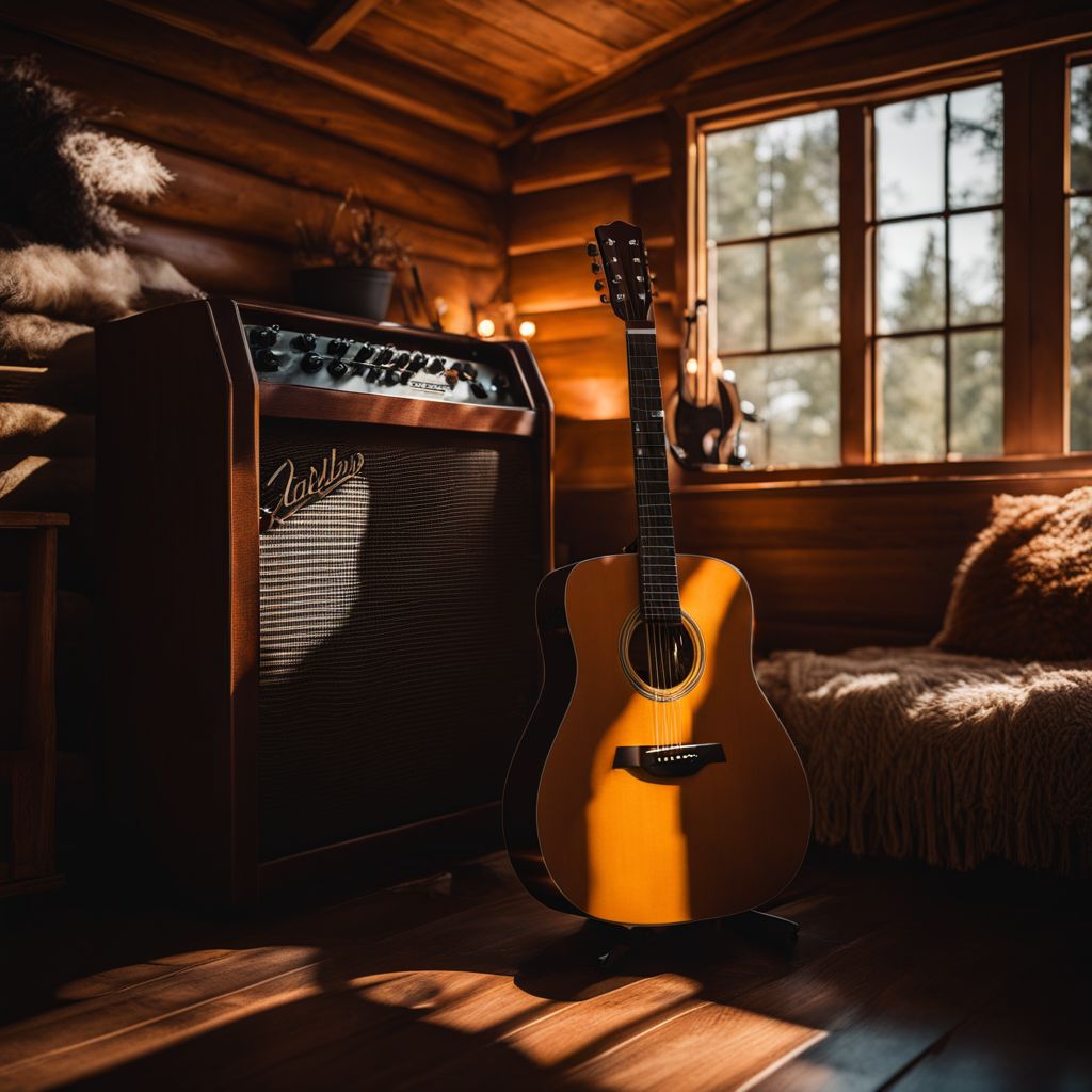 A guitar resting on a wooden table in a cozy cabin interior.