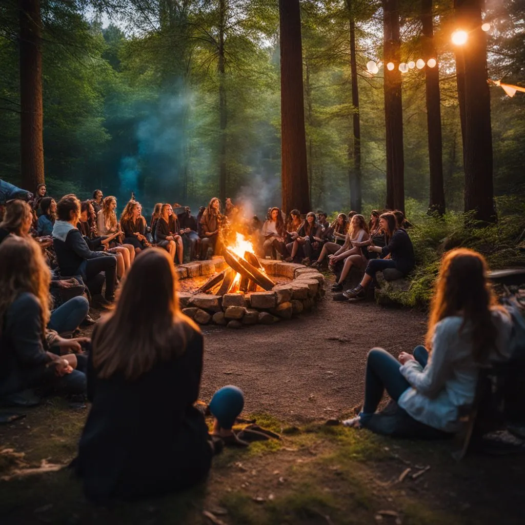 Concert-goers enjoying a campfire in a tranquil forest clearing.