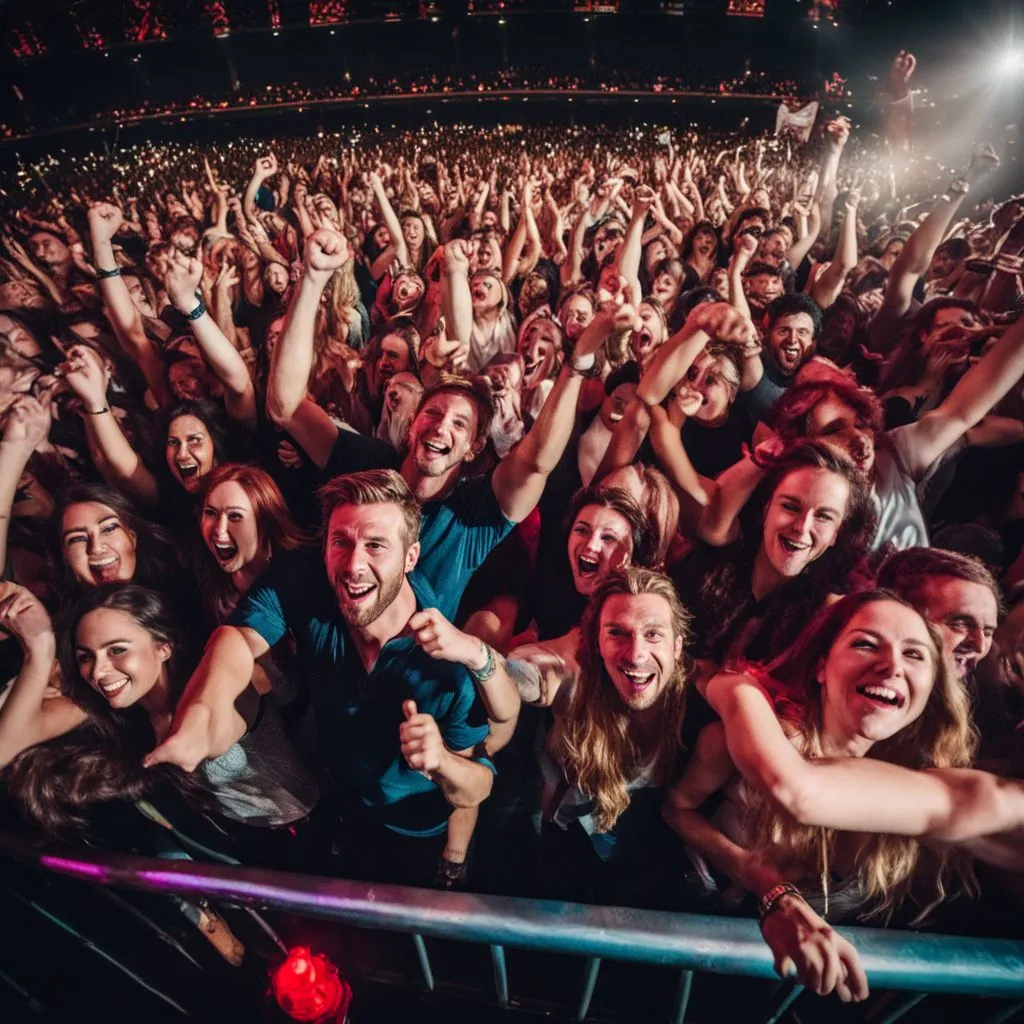 Enthusiastic fans cheering at a Zach Bryan concert.
