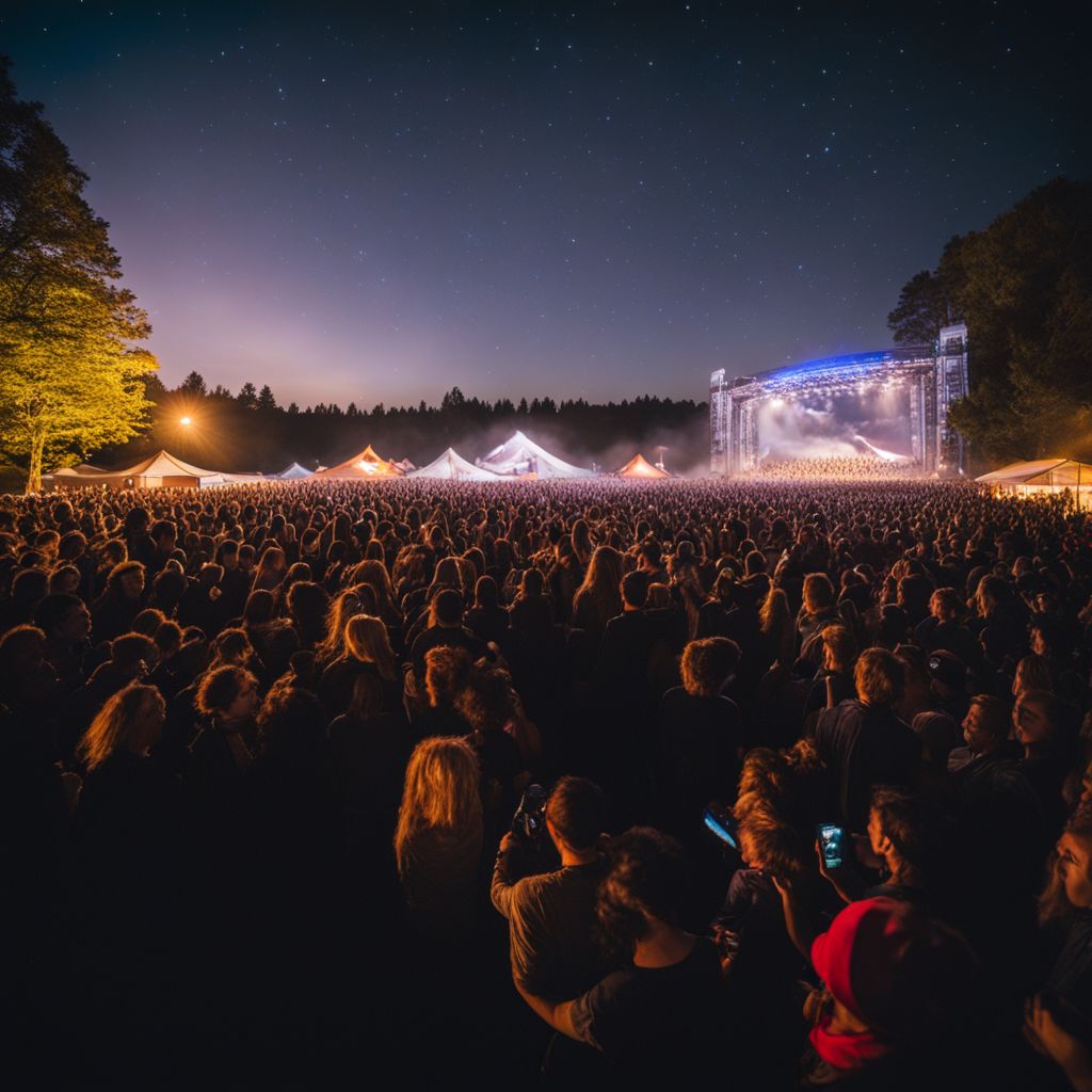 A diverse crowd of fans enjoying a music festival under a starry sky.