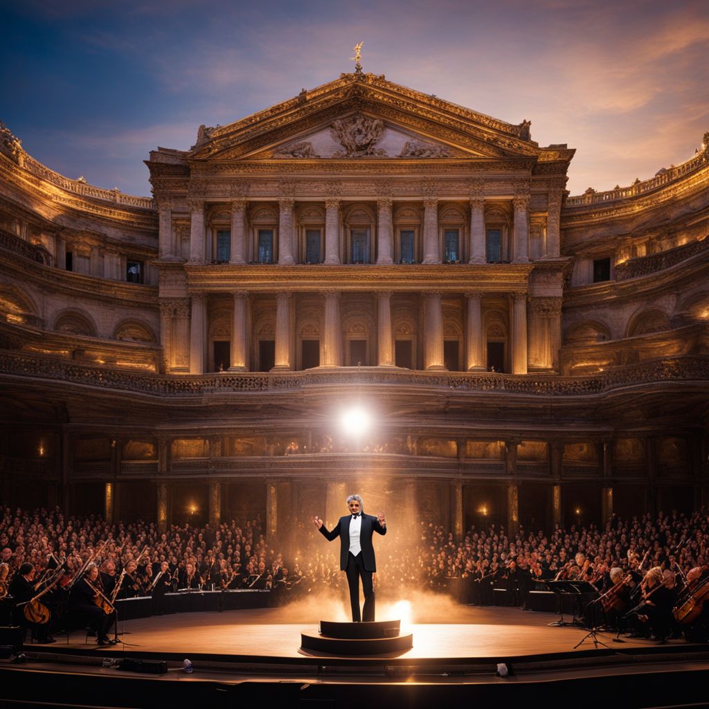 Andrea Bocelli performing on an elegant opera stage.